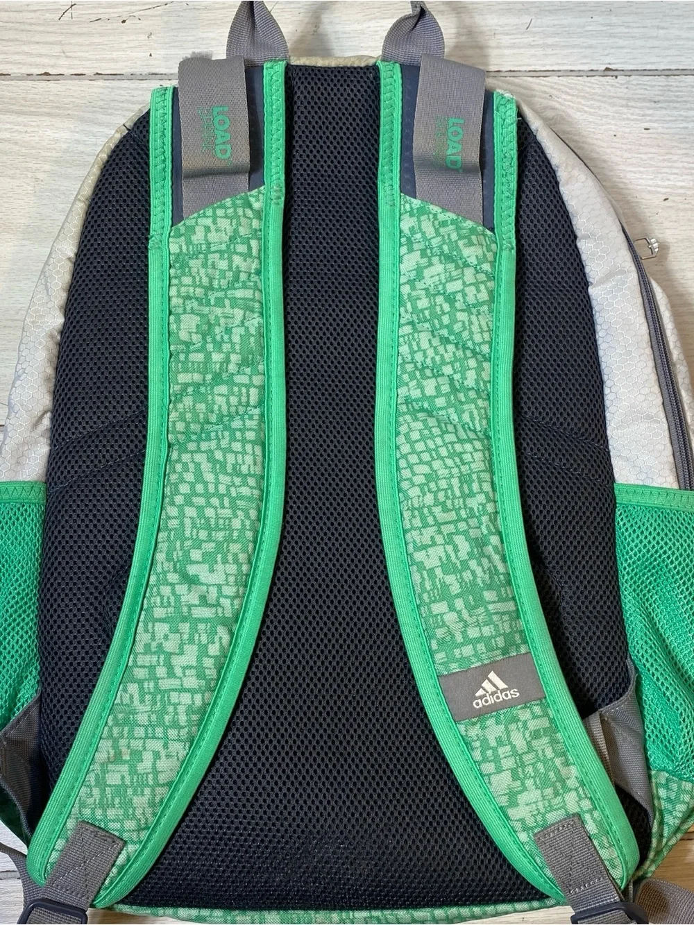 Adidas LoadSpring Gray & Green Geometric Pattern Backpack Rucksack Mesh Pockets